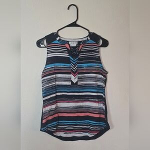 Van Heusen Sleeveless Blouse Black White Print Lightweight Office Top Size XS